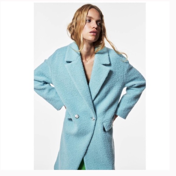 Zara Sky Blue Wool Long Coat Medium - Picture 7 of 8